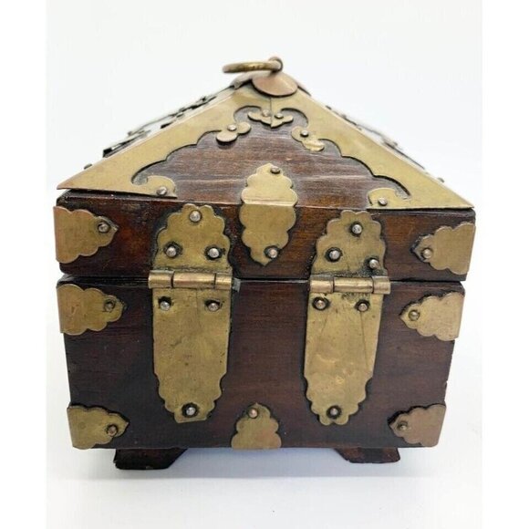 Vintage Asian Wooden and Brass Decorative Box Home Decor Gift - Picture 5 of 9